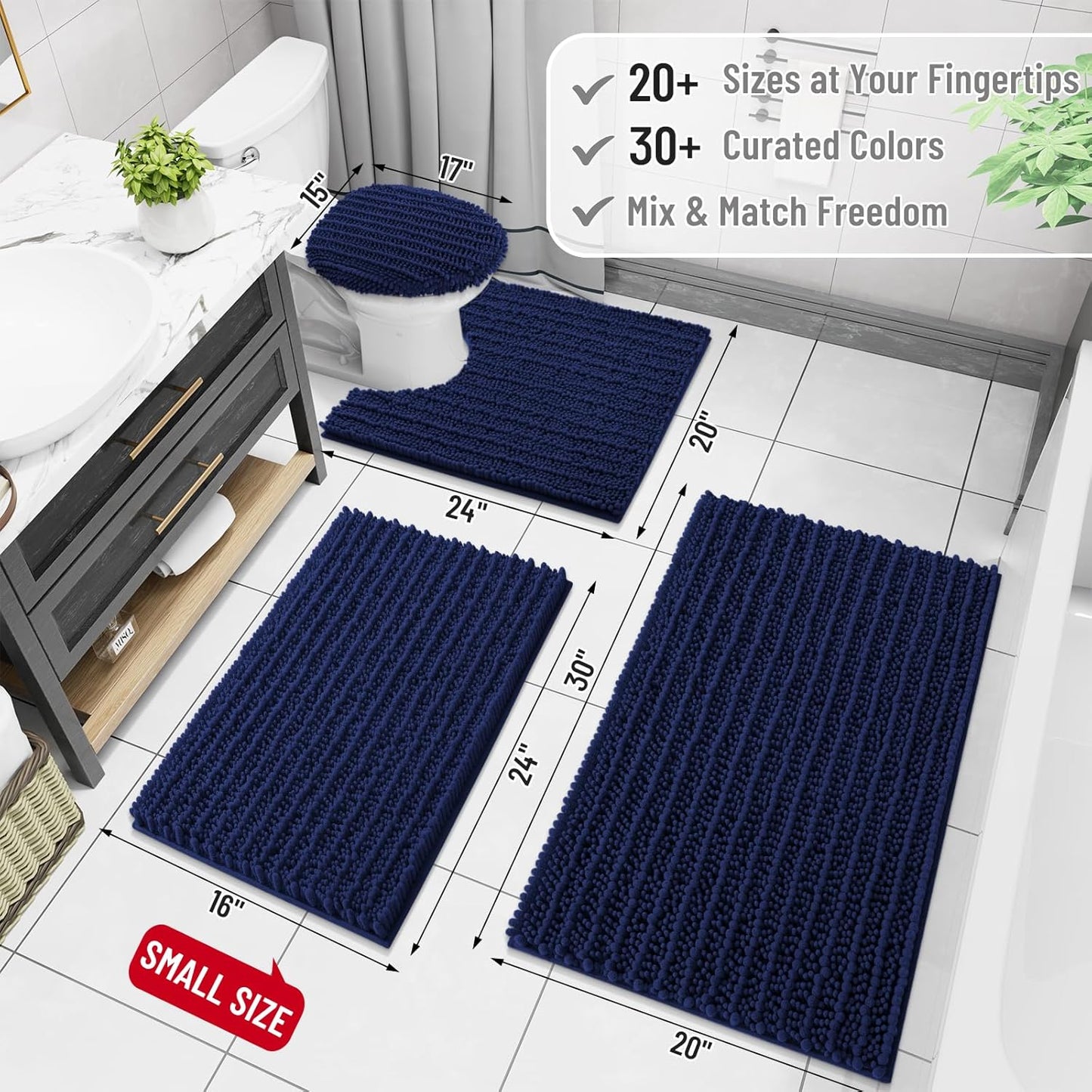 Arotive Luxury Chenille Toilet Rugs U-Shaped, Extra Soft Thick Absorbent Bathroom Mat, Non-Slip Shaggy Plush Contour Rugs, Machine Wash Dry Bath Mat for Toilet Base, 24x24, Navy