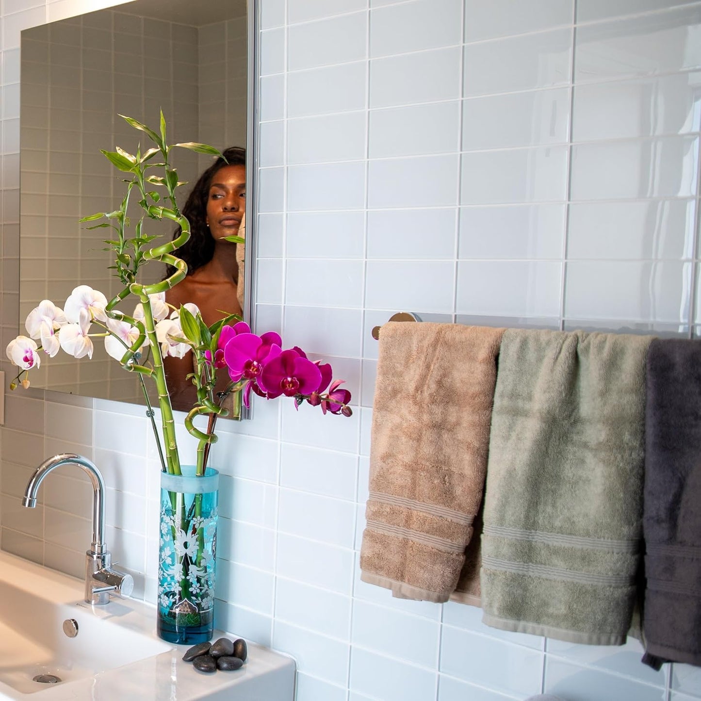 Mosobam Luxury Turkish Set of 6 Hand Towels 16X30 Allure Blue 700 GSM Bamboo Viscose & Aegean Turkish Combed Cotton