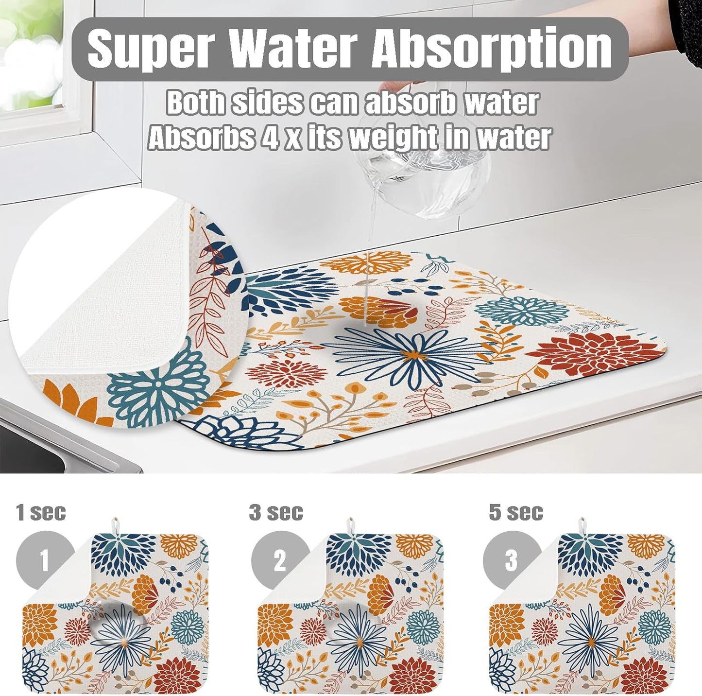 Dish Drying Mat for Kitchen Counter Large 16" x 18" Modern Flower Absorbent Microfiber Dishes Drainer Rack Mats Pad Reusable Washable