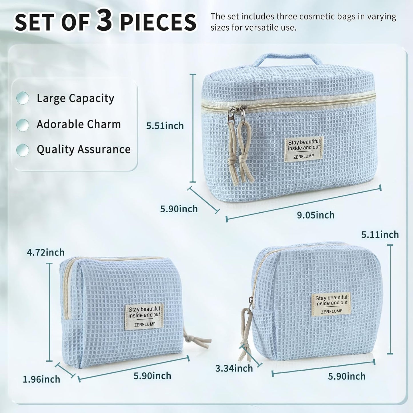Cute Quilted Floral Makeup Bag(3Pcs)，Coquette Aesthetic Cosmetic Bag，Travel Toiletry Bags， Kawaii Aesthetic pouch for Women (92 - Blue)