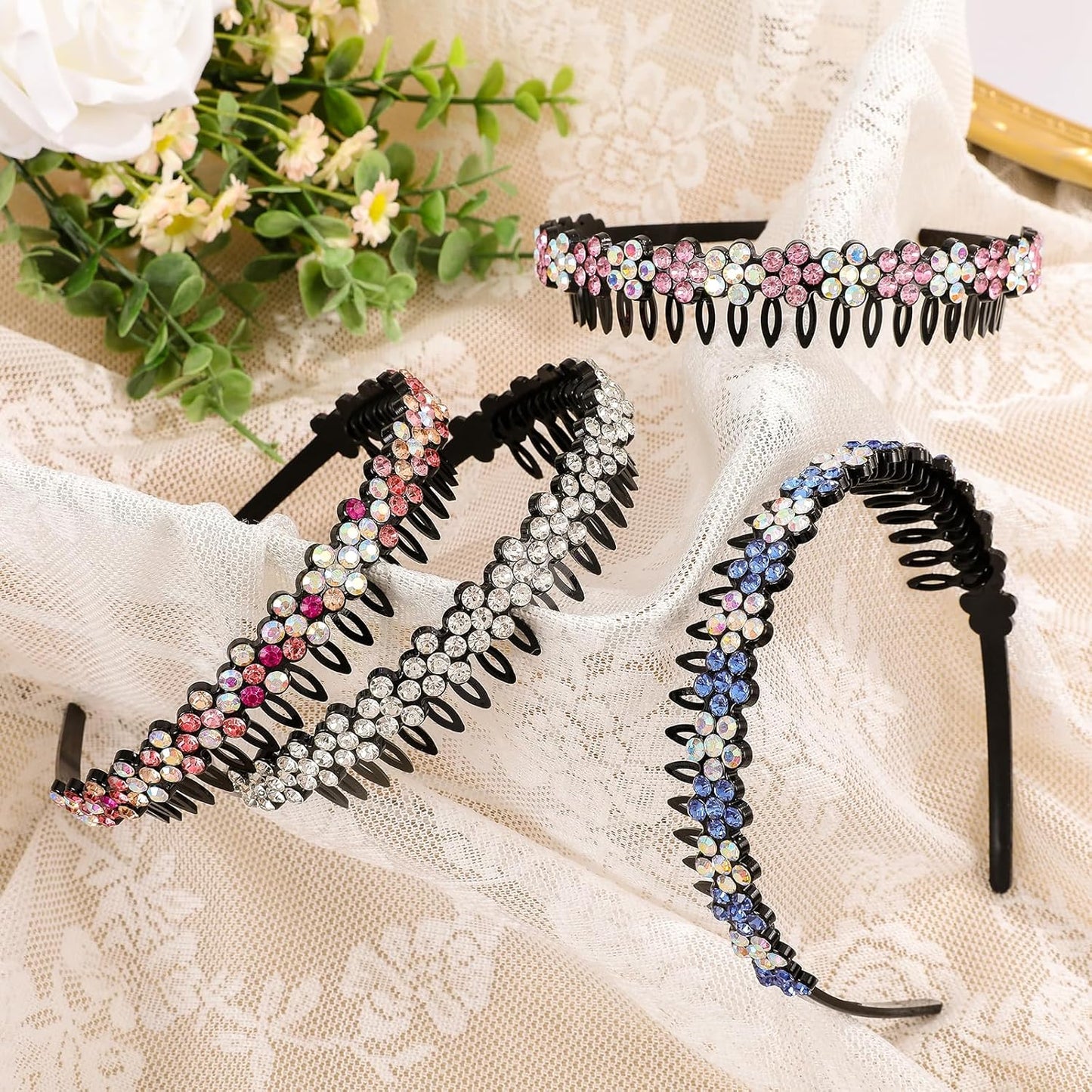 Rhinestone Headband with Teeth Comb Flower Glitter Headband for Women Girls Sparkly Crystal Plastic Hairband Non Slip Hair Hoop Hair Accessories for Ladies Girls with 4PCS