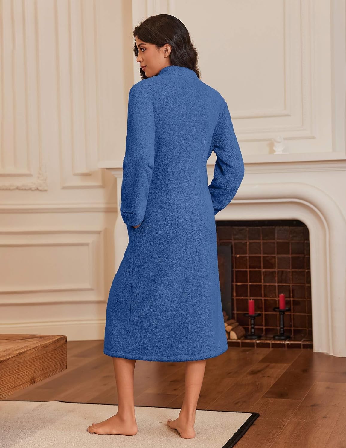 Ekouaer Women's Zip Up Robe Fleece Bathrobe Long Zipper Lounger Warm Housecoat Long Sleeve Nightgown with Pockets S-XXL