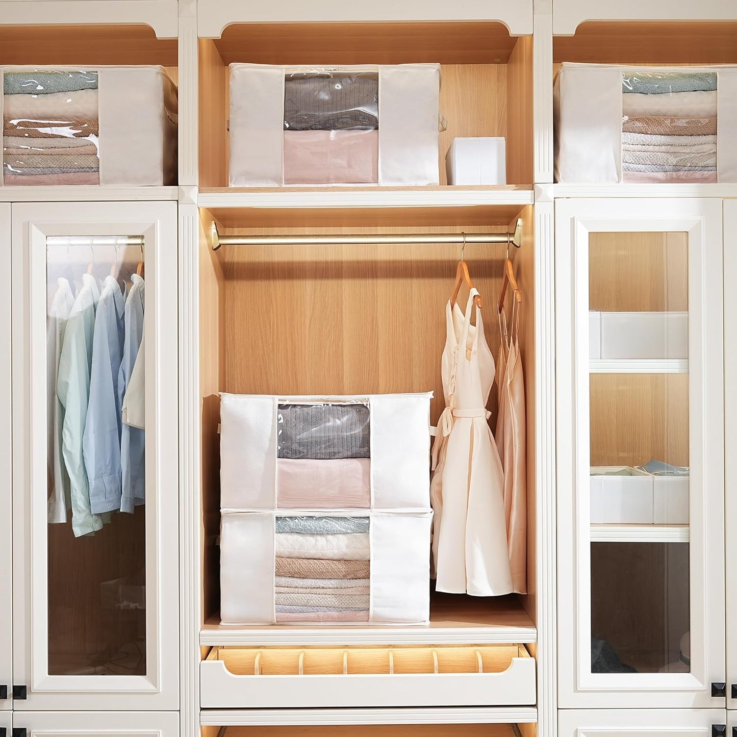 TYEERS Large Storage Bags with Zipper and Clear Window, Cotton Blended Fabric Storage Containers for Seasonal Clothes and Bedding, 23.6x15.7x13.8 Inches, 2-Pack, Beige