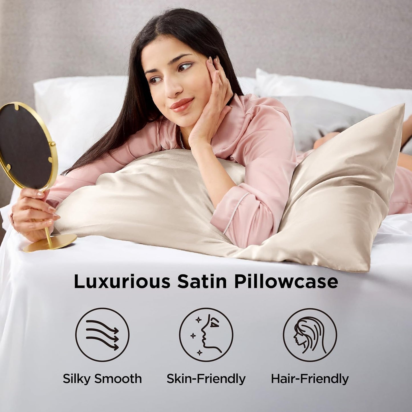 Bedsure Satin Pillowcases, Similar to Silk Pillow Cases Queen Size Set of 2, Cooling Pillow Case for Sleeping Women with Envelope Closure, Gifts for Women Men, Beige, 20x30 Inches, 2pcs