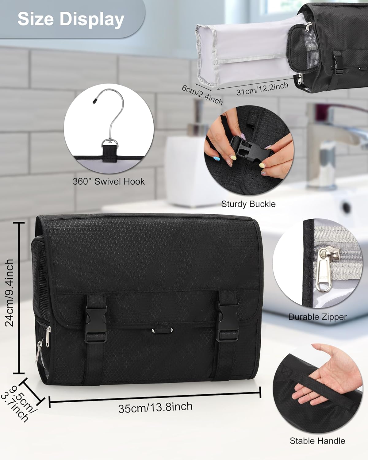 Relavel Hanging Toiletry Bag with Shoes Pocket, 360° Hook Travel Cosmetic Organizer, Waterproof, Multi-function for Makeup and Toiletries, Portable Storage Bag for Gym, Camping, Travel - Black