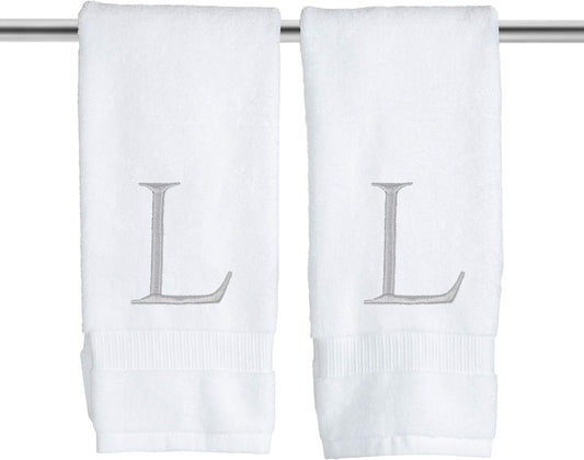 Monogrammed Hand Towels for Bathroom - Luxury Hotel Quality Personalized Initial Decorative Embroidered Bath Towel for Powder Room, Spa - GOTS Organic Certified - Set of 2 Letter L