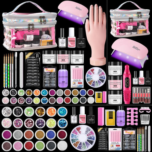 Acrylic Nail Kit for Beginners with Everything: Practice Nail Hand Acrylic Nail Powder Liquid Set with U V Lamp Drill in Gift Bag for Home (Sliver Bag)