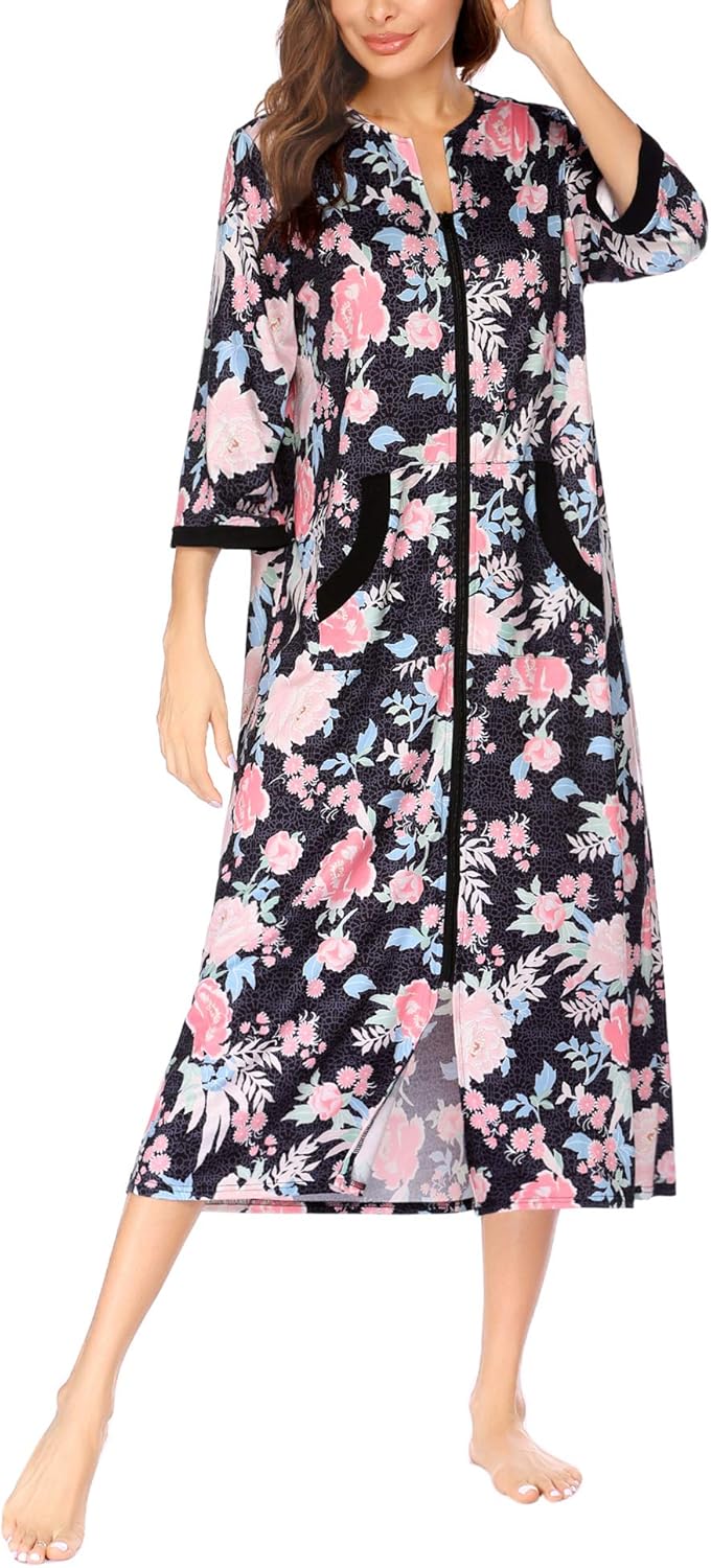 Ekouaer Women Zipper Robe 3/4 Sleeves Loungewear Dress Full Length Sleepwear Pockets Housecoat Nightgown Long Bathrobe