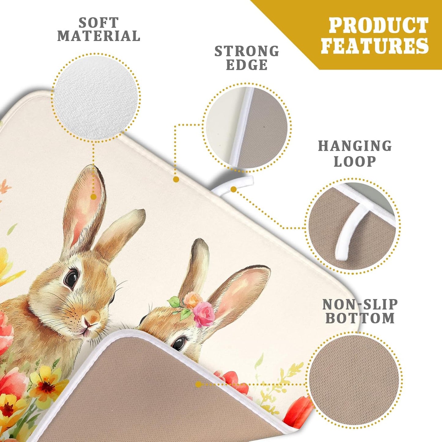 Easter Bunny Dish Drying Mat 16x18 inch Spring Floral Drying Pad Holiday Absorbent Microfiber Dishes Drainer Protector for Kitchen Counter