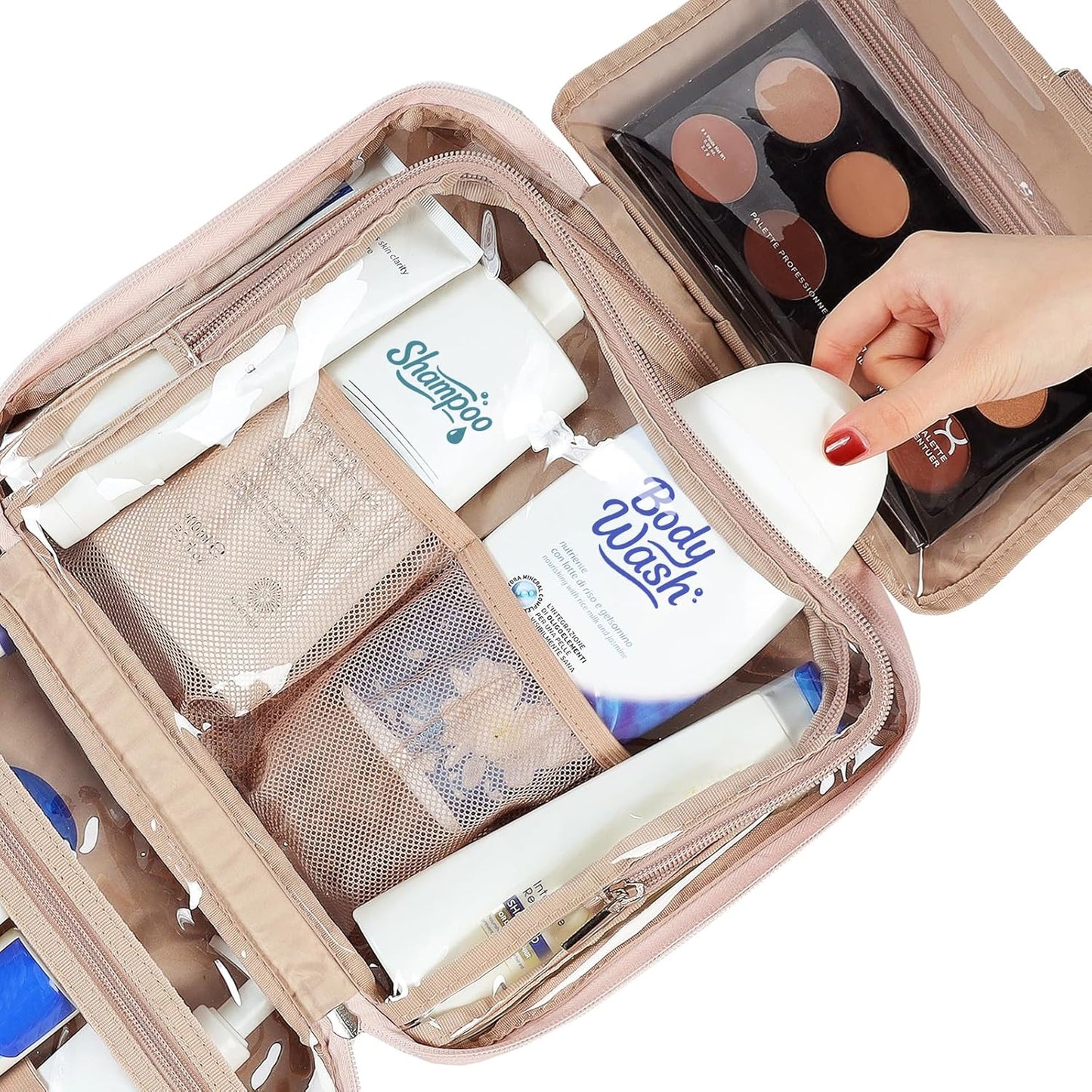 NISHEL Travel Toiletry Bag for Women Large Capacity, Makeup Essentials Organizer, Hanging Case for Accessories, Cosmetics, Pink