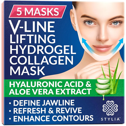 Stylia V Line Lifting Collagen Face Mask - Lift, Firm & Contour Jawline - Double Chin Strap with Hyaluronic Acid & Aloe Vera - Hydrating Neck & Face Tightening Mask - Chin Strap for Sleeping (5PC)