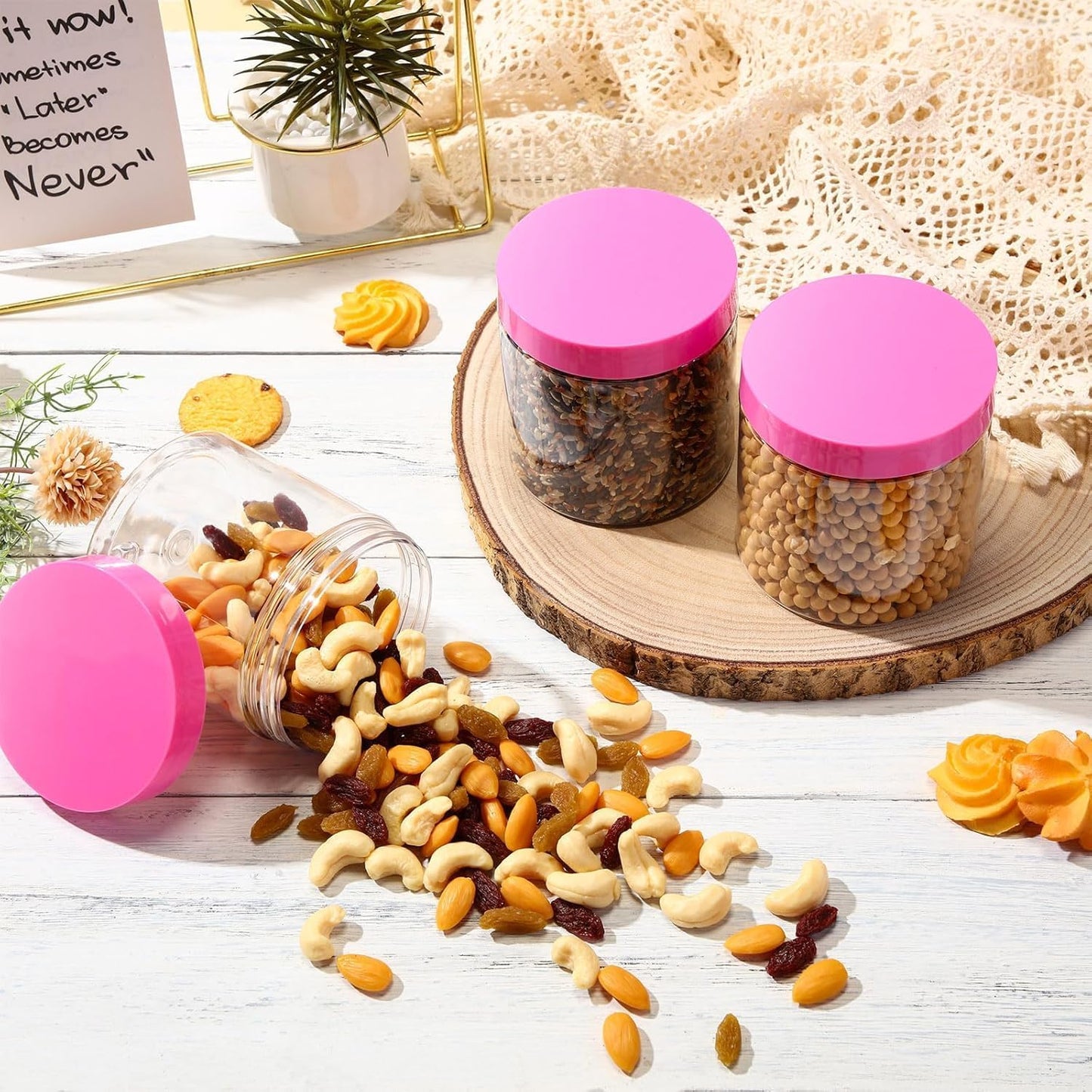 SATINIOR 12 Pack 16 oz Plastic Container Jars with Lids Round Clear Travel Cosmetic Container Slime Jars for Toiletries, Lotion, Cream, Ointments, Makeup, Rhinestone, Samples, Kitchen Storage(Pink)