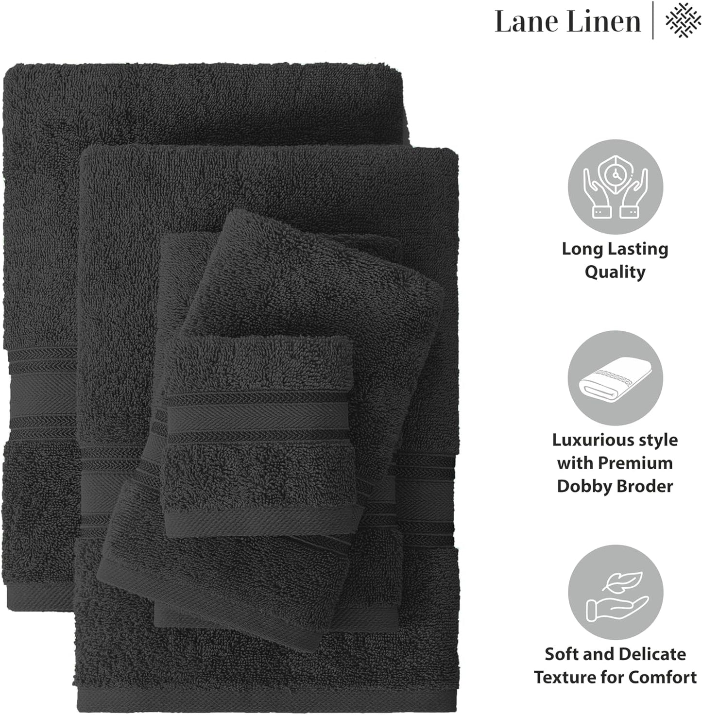 LANE LINEN Luxury Bath Towels Set - 12 Piece Set, 100% Cotton, Zero Twist, Quick Dry Shower Towel, Absorbent Towel, Super Soft, 4 Bath Towels, 4 Hand Towels, 4 Wash Cloths - Black