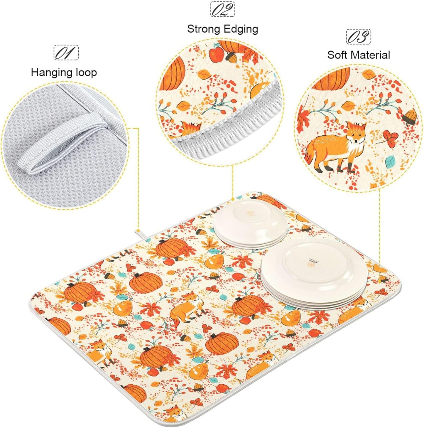 Fall Fox Dish Drying Mat for Kitchen Countertop 16x18 Autumn Chestnuts Pumpkin Berry Thanksgiving Day Small Drying Mat Reusable Quick Dry Dish Sink Mats Easy Clean Decorative Essentials