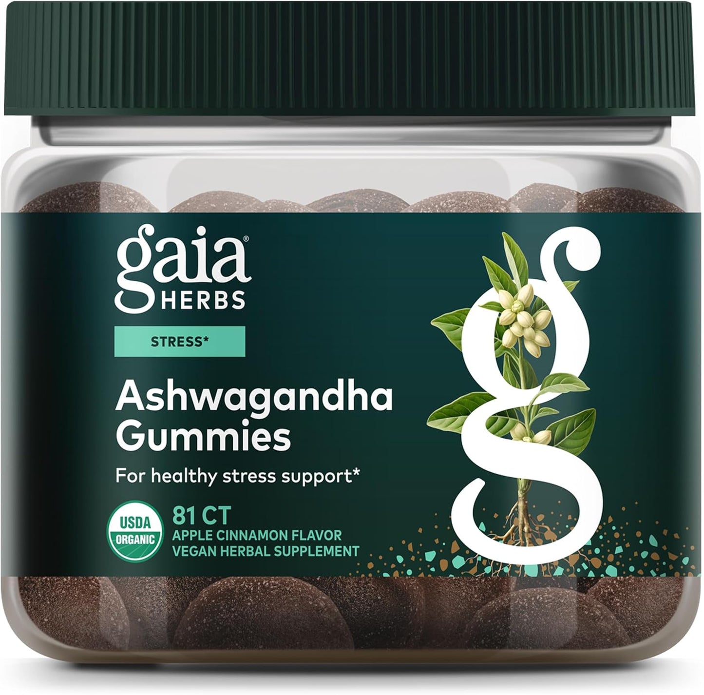 Gaia Herbs Organic Ashwagandha Gummies, Stress Support, Cinnamon, Ginger, Gluten Free, Vegan, 81 Count