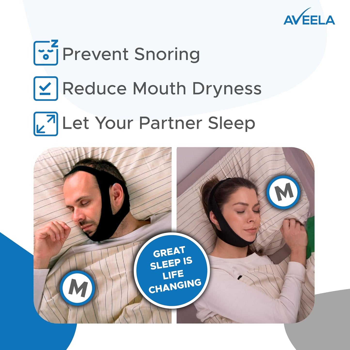 Chin Strap for Sleeping by AVEELA | CPAP Chin Strap in 3 Sizes, Anti Snoring Devices for Men and Women | Double Airflow Jaw Strap, Stop Snoring Solution Chin Strap - Large Chin Strap for CPAP Users