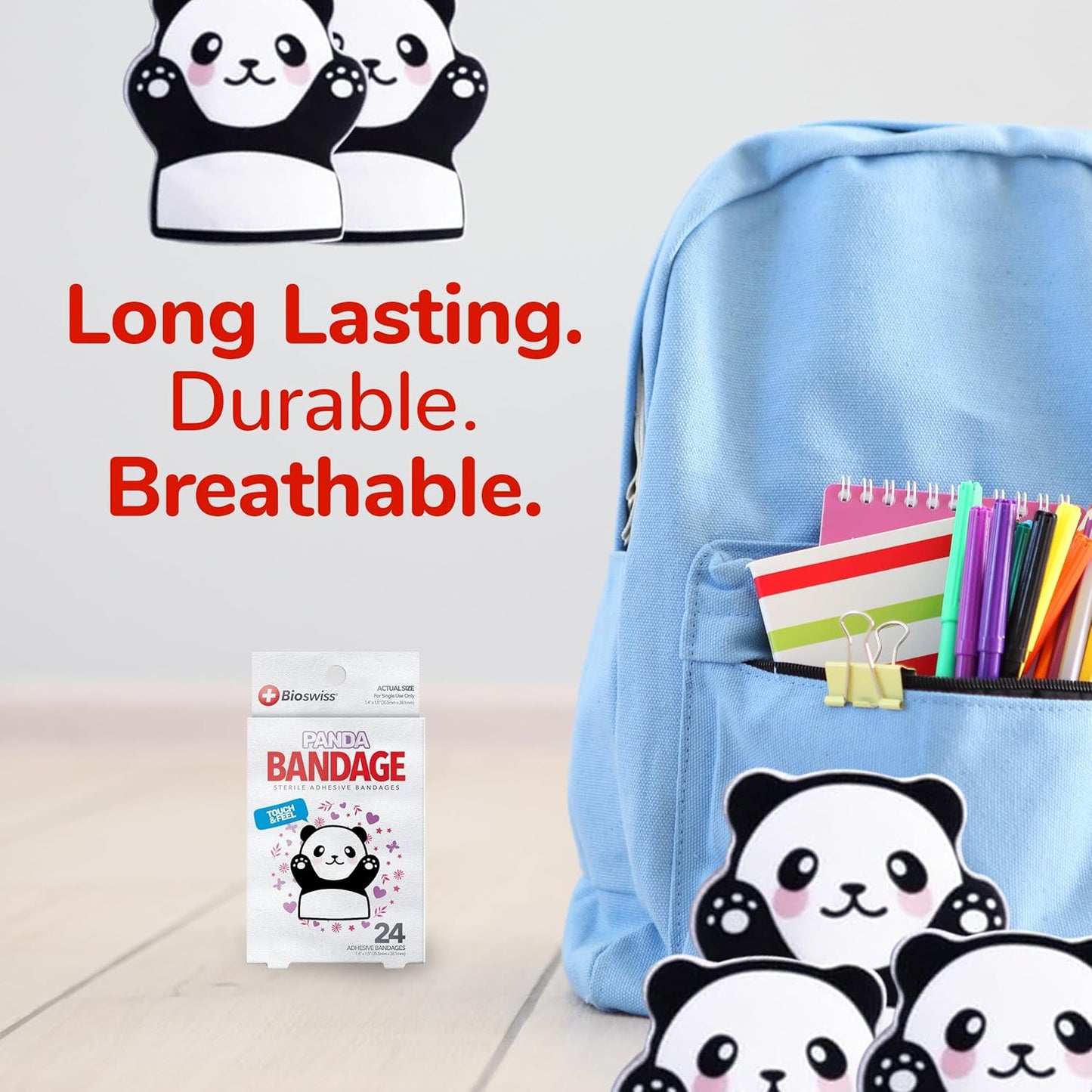 BioSwiss Kids Bandages, Panda Shaped Self Adhesive Bandage Set, Latex Free, Sterile Wound Care, 24 Count