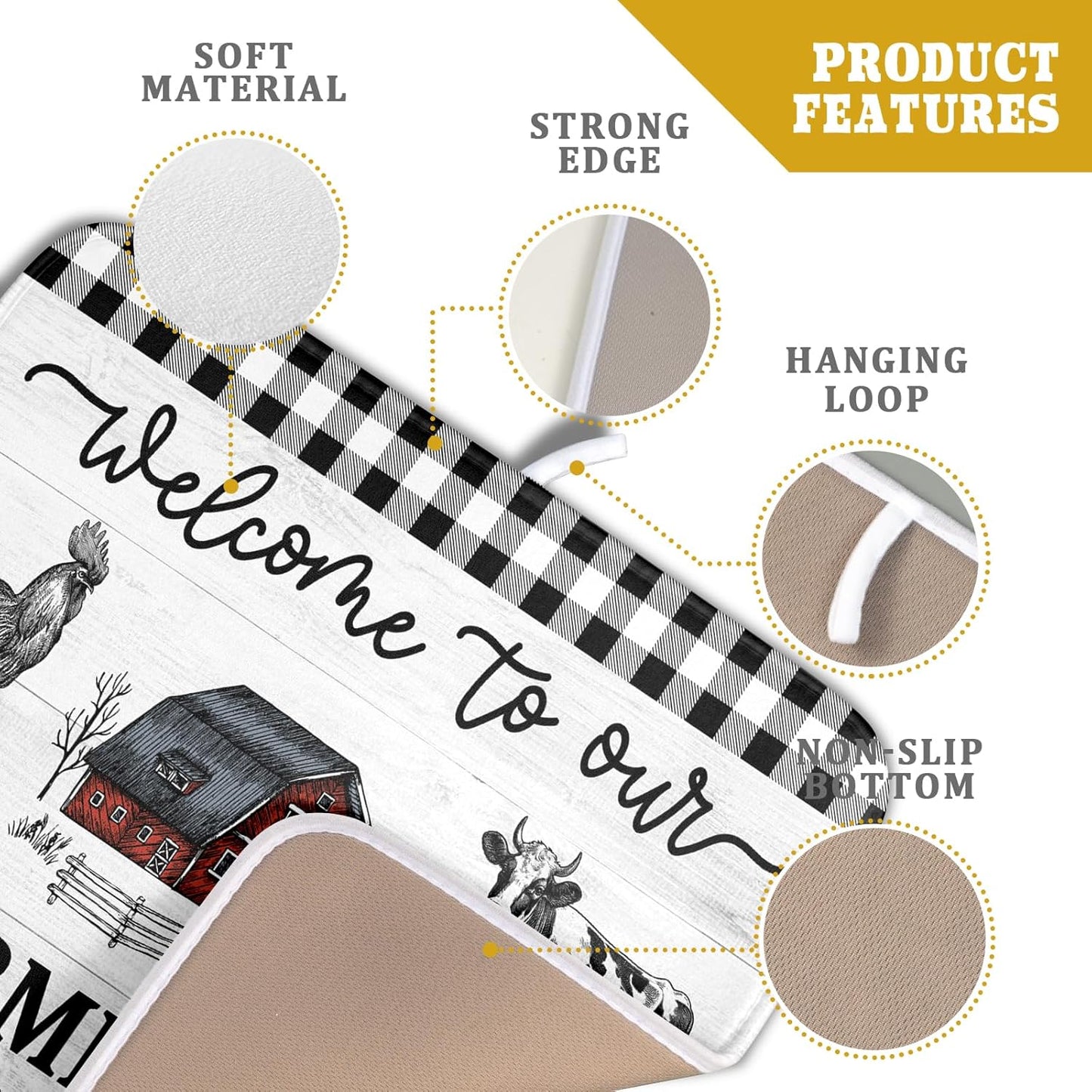 Farmhouse Barn Dish Drying Mat 16x18 Inch Cow Rooster Absorbent Microfiber Dish Drainer Rack Pad Bottles Protector for Kitchen Counter