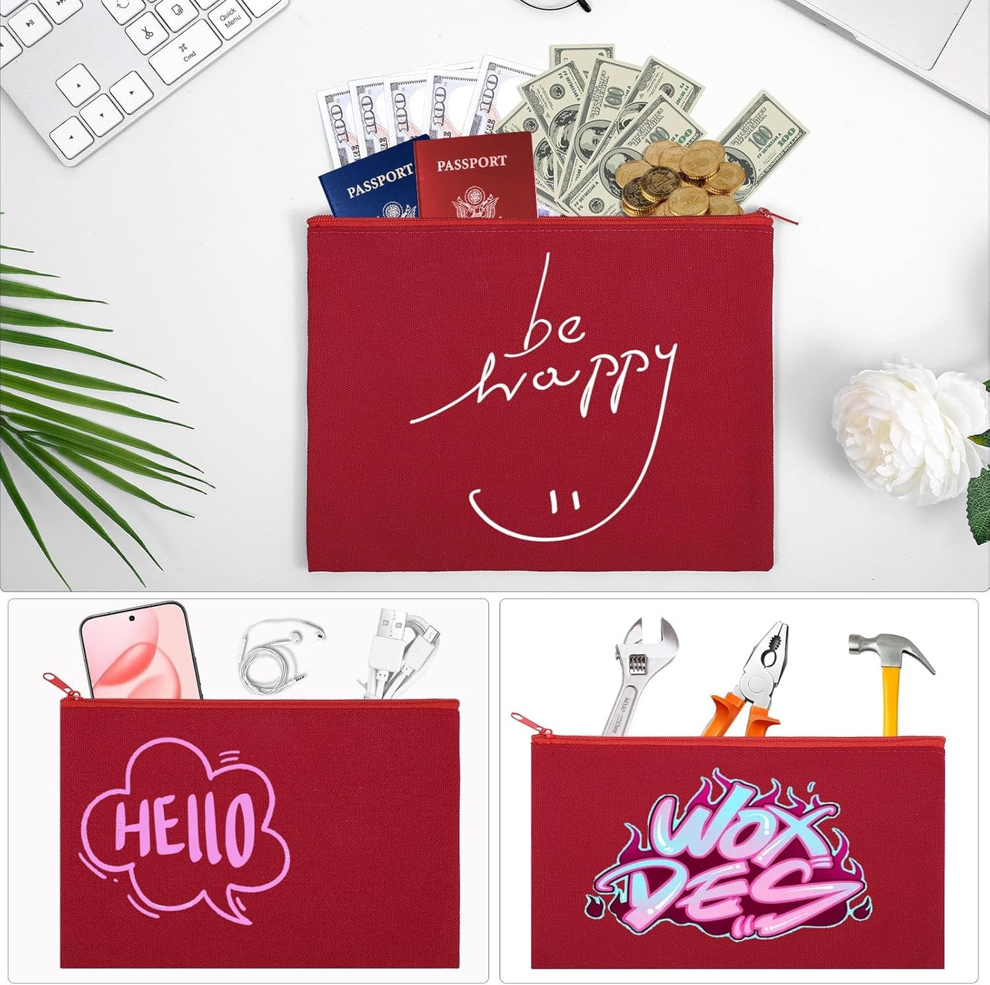 12 Pieces Cotton Canvas Makeup Bag, Multipurpose Cosmetic Bag with Zipper Travel Toiletry Pouch, Blank DIY Craft Bag (Red, L)