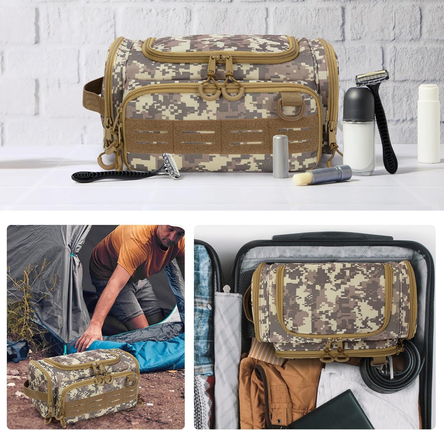 Tactical Toiletry Bag for Men, Hanging Hygiene Bag, Travel Dopp Kit Organizer for Shaving, Shower Essentials and Toiletries, Desert Yellow (Empty Bag)