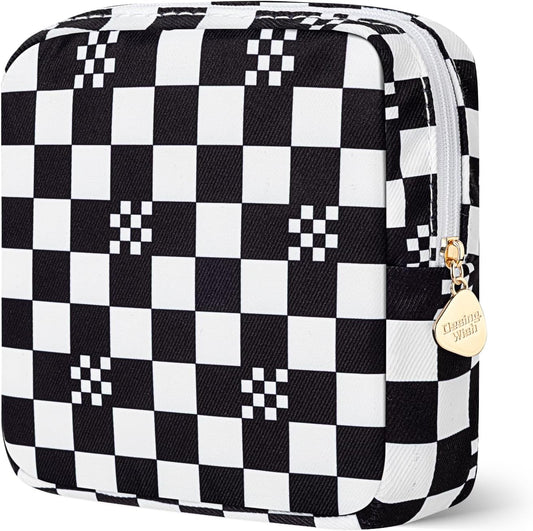 Desing Wish Period Bag Pouch Soft Cloth Sanitary Napkin Storage Bag Portable Menstrual Pad Pouches Tampon Holder for Purse First Period Kit for Girls 9-12 (Mixed Black-White Check)