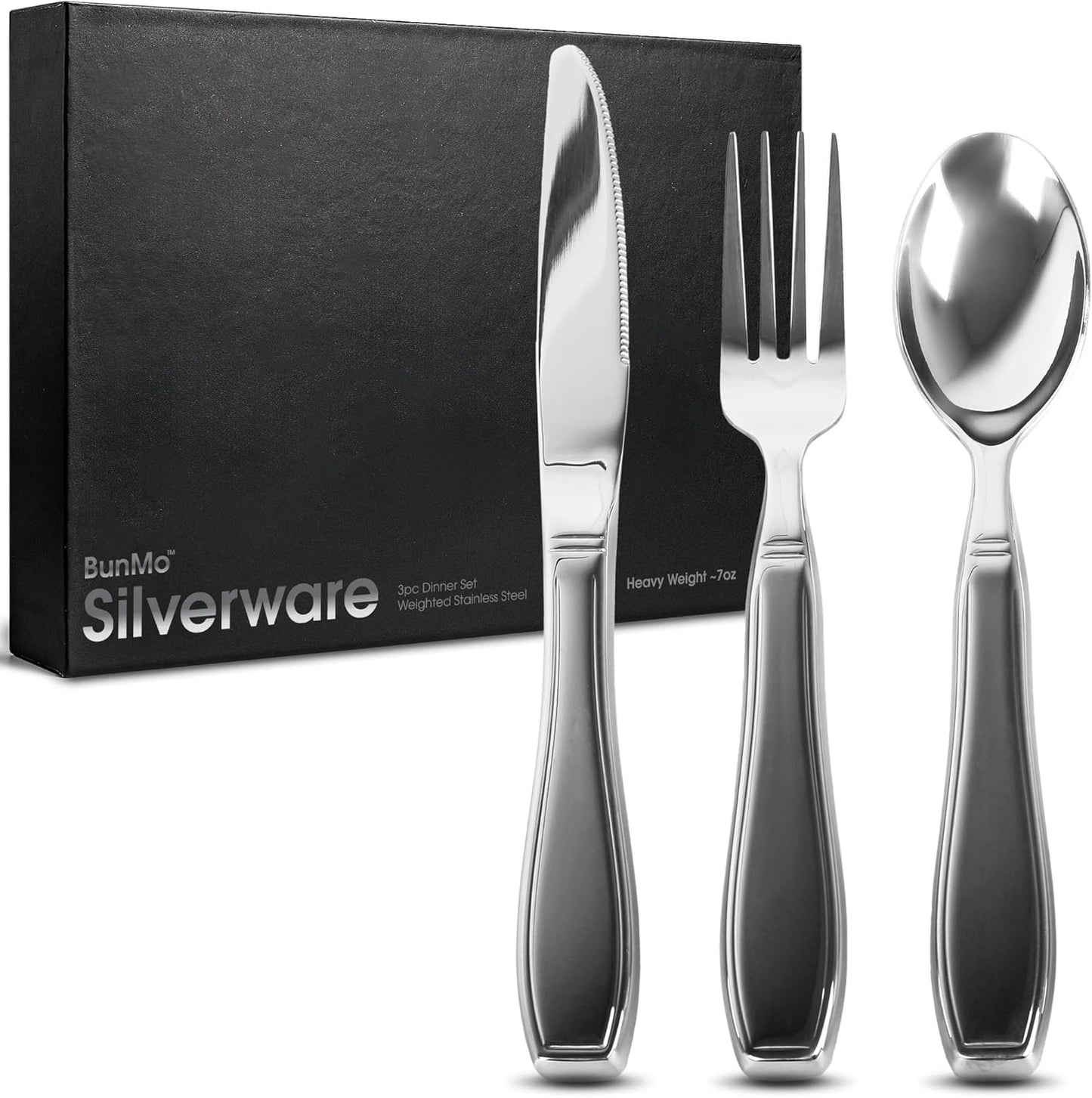 BUNMO Weighted Utensils for Hand Tremors - Elderly, Weak Hand Grip & Handicapped - Stainless Steel - Eat Independently - Weighted 3 Piece Set