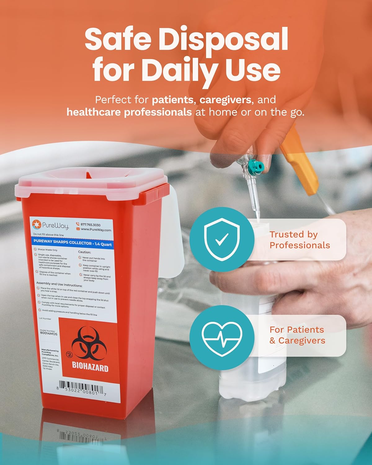1.4 Quart MailBack Sharps Disposal Container – Secure Needle Box for Safe Medical Waste & Used Syringe Disposal | Sharps Container for Home Use, Travel, Clinics, and Professional Settings