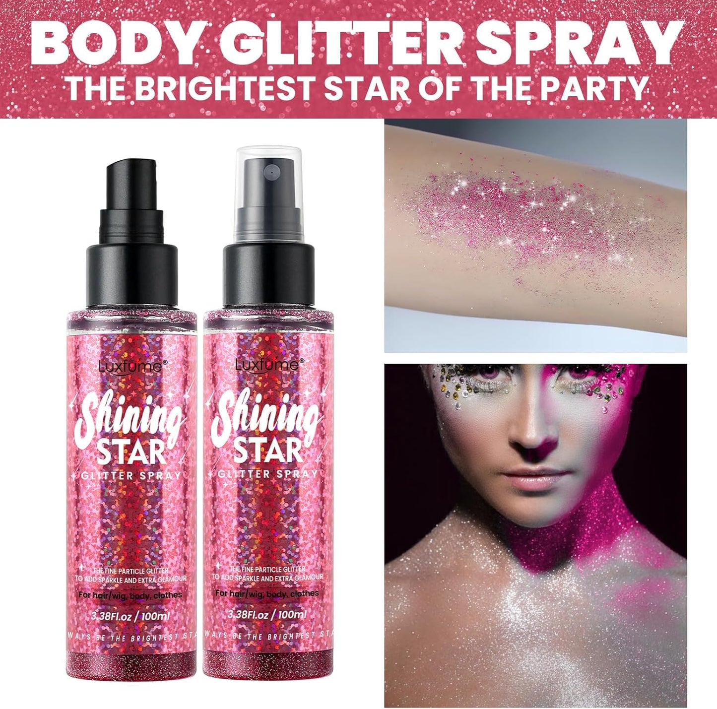 Pink Body Glitter Spray & Glitter Hairspray - Long-Lasting, Ultra-Shiny, Quick-Dry, Waterproof, Non-Clog Nozzle Design for Parties, Dances, Festivals, and Special Events