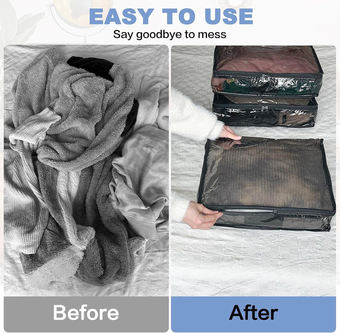 Clear Zippered Storage Bags Plastic Sweater Storage Bags with Zipper 6 Packs Clothing Organizer for Blankets Linen Sweater Bed Sheet Quilt Clothes Pillow (12 x 12 x 4 Inch, Black)