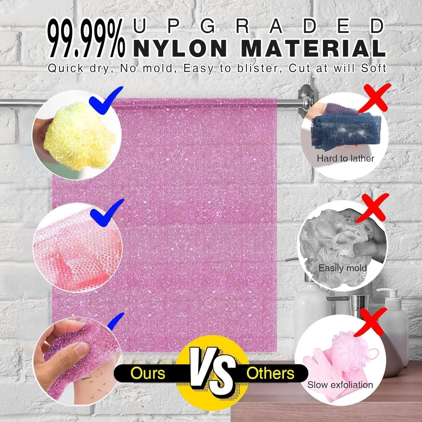 3 Piece Bright Style African exfoliating net Exfoliating Shower Set Long Bath Sponges for Smooth, Refreshed Skin, The Exterior Gleams - Ideal for Daily Use (Bright Yellow, Pink, Purple)