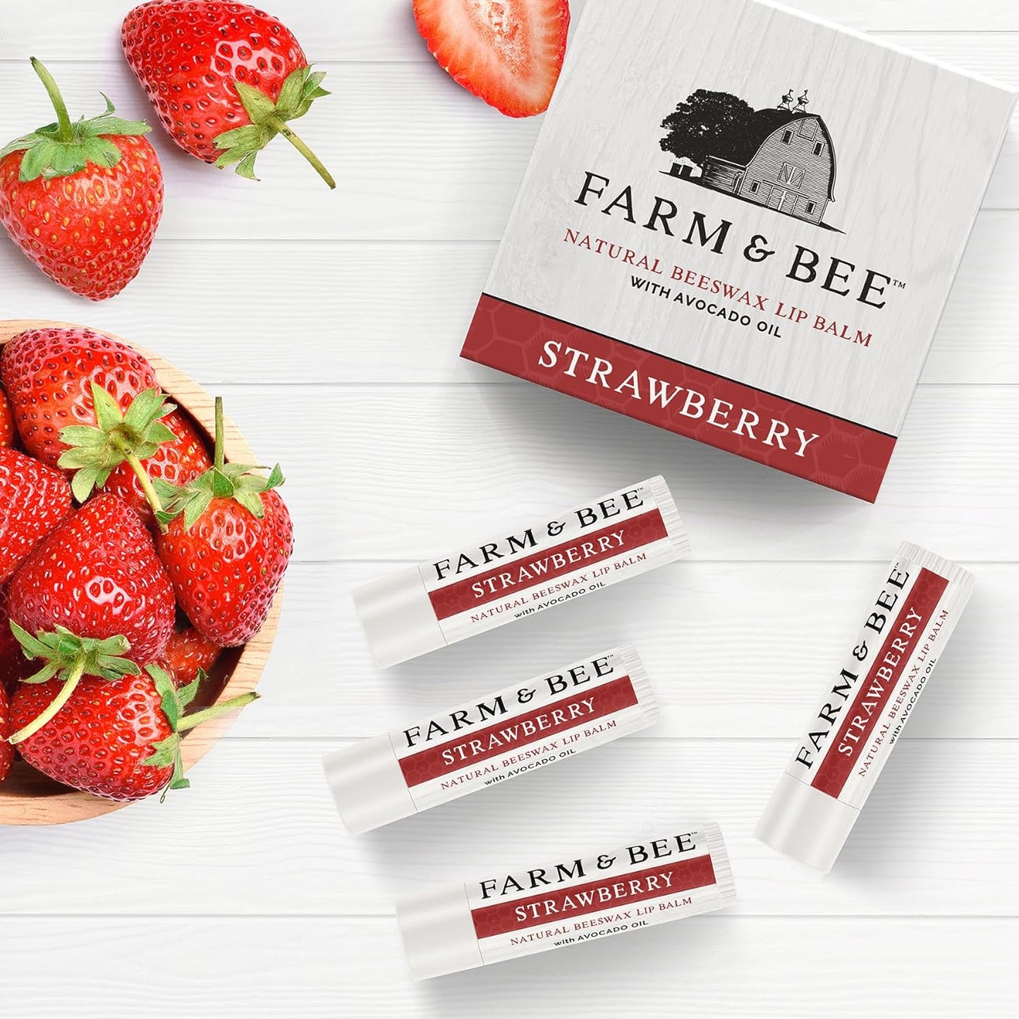 Natural Lip Balm - Organic & Natural Ingredients - Beeswax Based Moisturizing Lip Care Chapstick for Chapped Lips - Great Gift Idea - Farm & Bee - 0.15oz (Pack of 4 - Strawberry)
