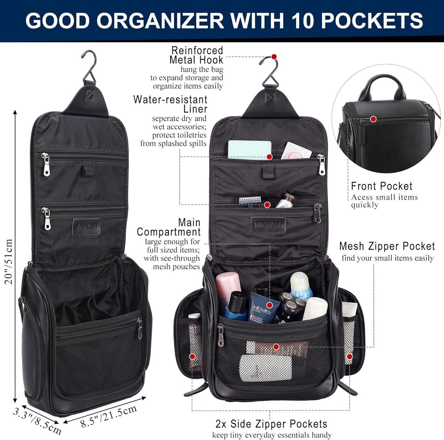 Masa Kawa Leather Hanging Travel Toiletry Bag for Men Portable Expandable Camping Cosmetics Makeup Toiletries Organizer Waterproof Bathroom Shaving Kit Black Wash Bags
