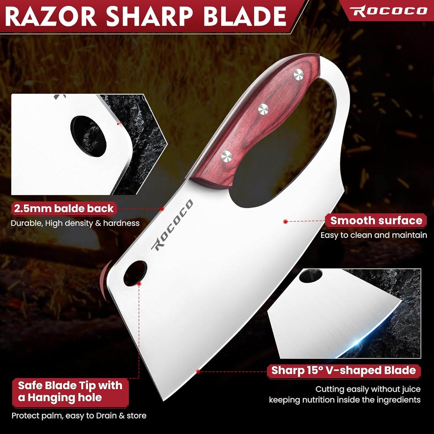 ROCOCO Meat Cleaver Knife Unique Effort Saving Professional Stainless Steel Kitchen Chef Cooking Knives for Cutting Meat Vegetable Thanksgiving Christmas Gift Red Full Tang 7.48"