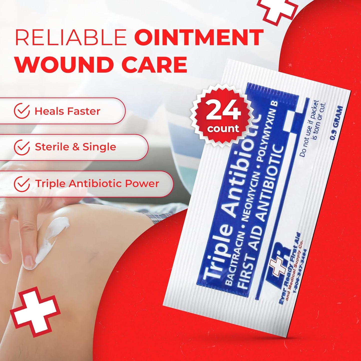 Triple Antibiotic Ointment .9gr Packets – First Aid Antibiotic Cream for Minor Wound Care – Bacitracin, Neomycin, Polymyxin B – 24 Count