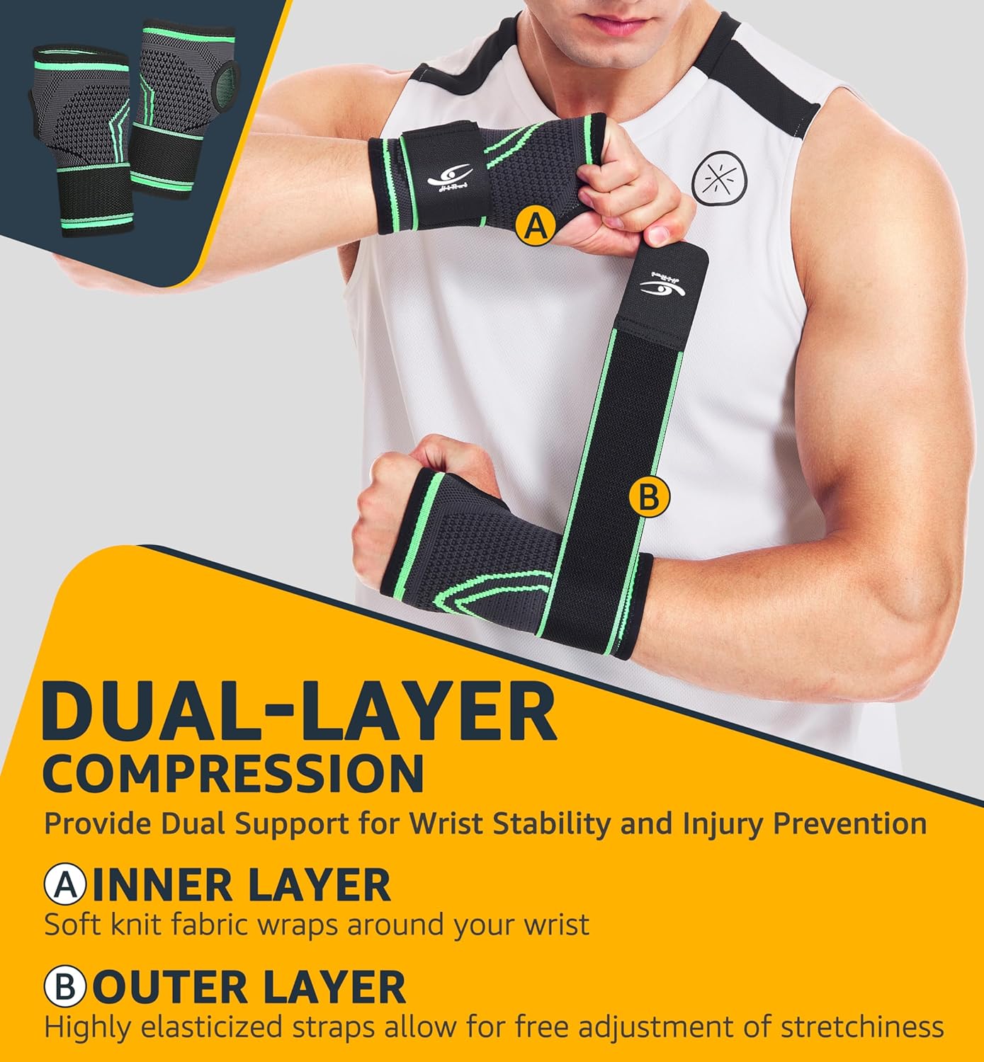 HiRui 2-Pack Wrist Brace Wrist Wraps, Hand Compression Sleeves with Wrist Straps Support for Fitness Weightlifting MTB Tendonitis Carpal Tunnel Arthritis Pain Relief (Green, Small)