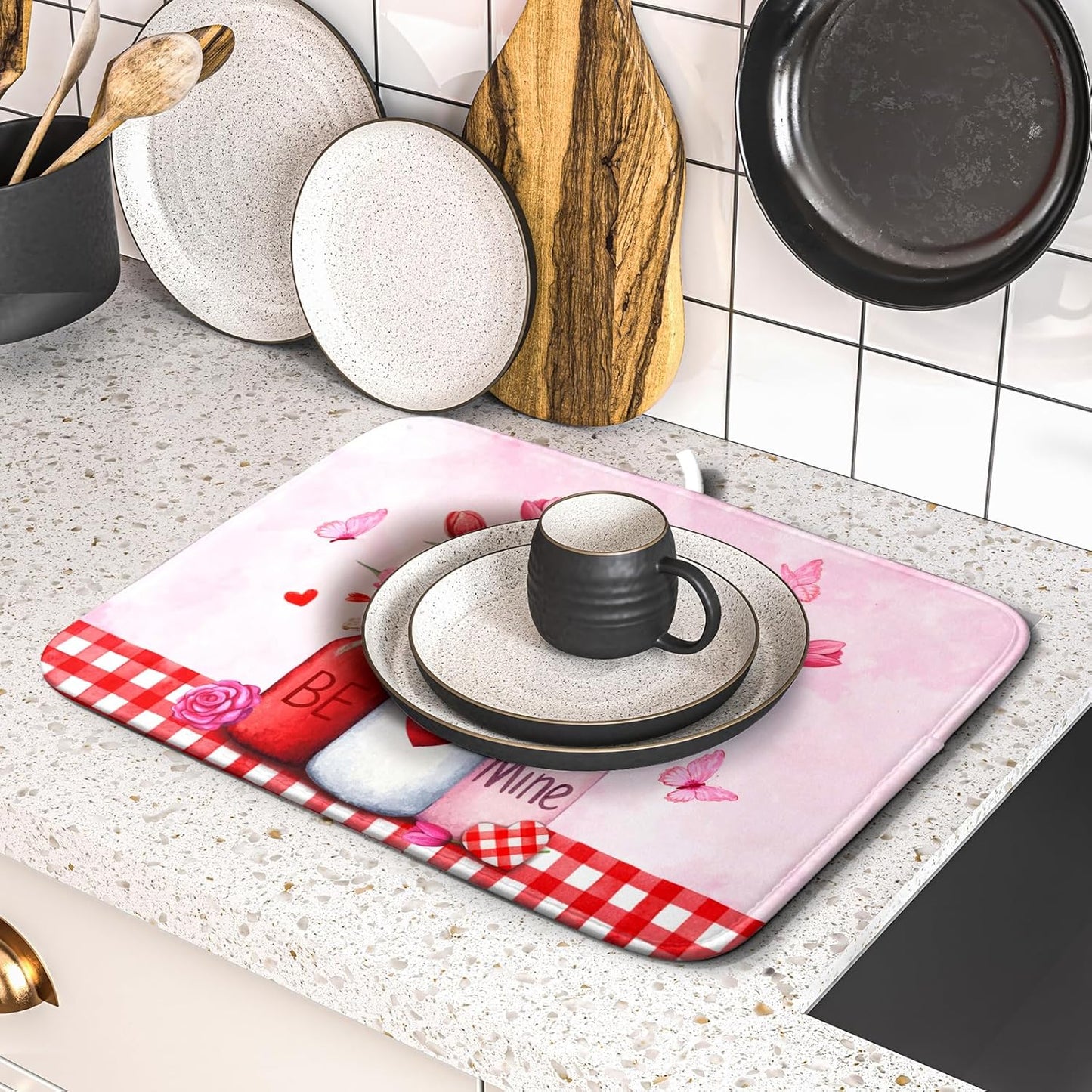 Rose Vase Dish Drying Mat 16x18 inch Romantic Floral Washable Absorbent Dish Dry Pad Fast Dry Drainer Rack Mats Kitchen Counter Accessories