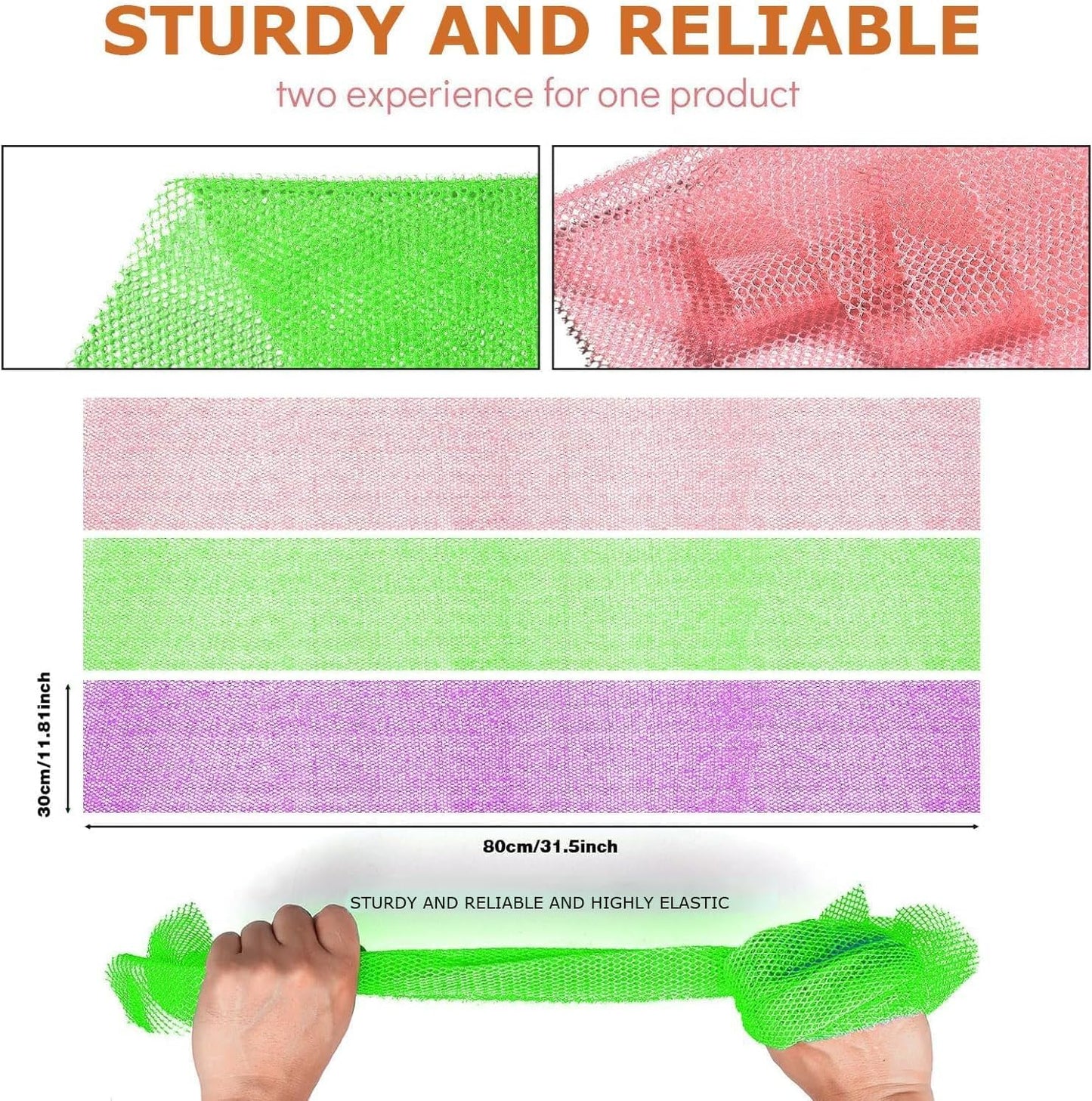 UJFQBH 3 Pieces African Bath Sponge African Net Long Net Bath Sponge Exfoliating Shower Body Scrubber Back Scrubber Skin Smoother,Great for Daily Use (Purple， Pink，Green)