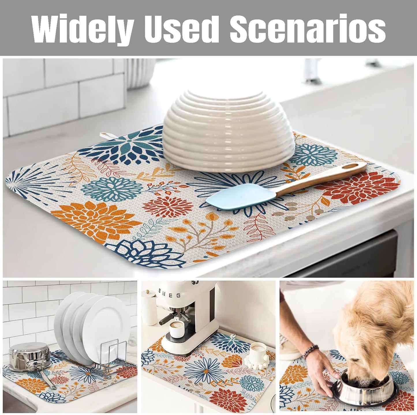 Dish Drying Mat for Kitchen Counter Large 16" x 18" Modern Flower Absorbent Microfiber Dishes Drainer Rack Mats Pad Reusable Washable