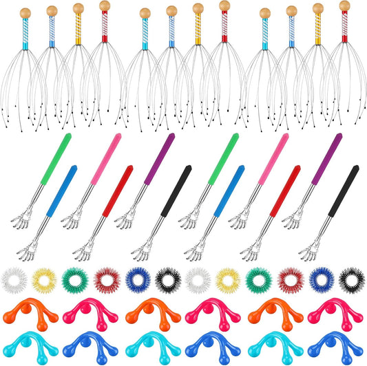 Geiserailie 48 Pack Head Scratcher Scalp Massagers, Extendable Back Scratchers, Four Point Massage Tools, Finger Massager Rings for Deep Relaxation Stress Relief Hair Stimulation Men Women Adult Gifts