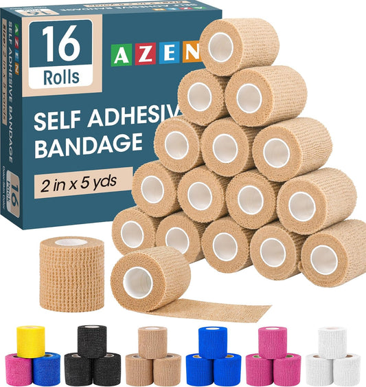 AZEN 16 Pack Self Adhesive Bandage Wrap, 2" X 5 Yards Elastic Cohesive Bandage Wrap, Skin Color Athletic Tape, Vet Wrap, Ankle Tape, Tattoo Grip Tape Wrap