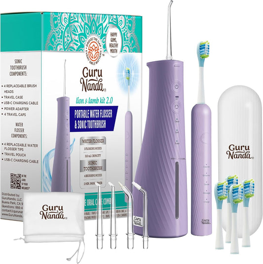 GuruNanda Lion & Lamb Kit 2.0, Electric Toothbrush with Water Flosser Combo, 4 Jet Tips, 4 Brush Heads, & IPX7 Waterproof Design for Complete Oral Care, Lavender