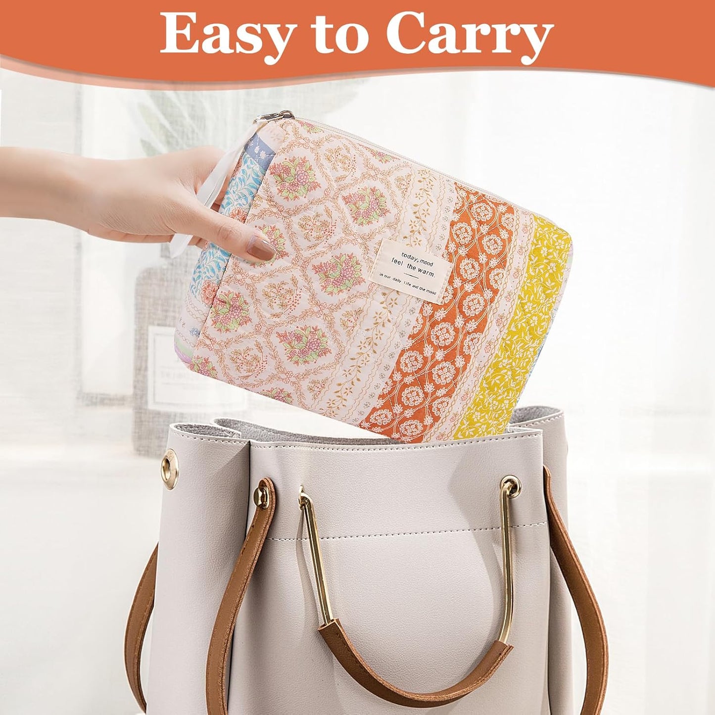 Floral Makeup Bag, Small Cosmetic Bag for Women Girls, Cute Cotton Makeup Bag, Quilted Makeup Bags, Flower Travel Toiletry Organizer Bag(Color-Coded Floral)