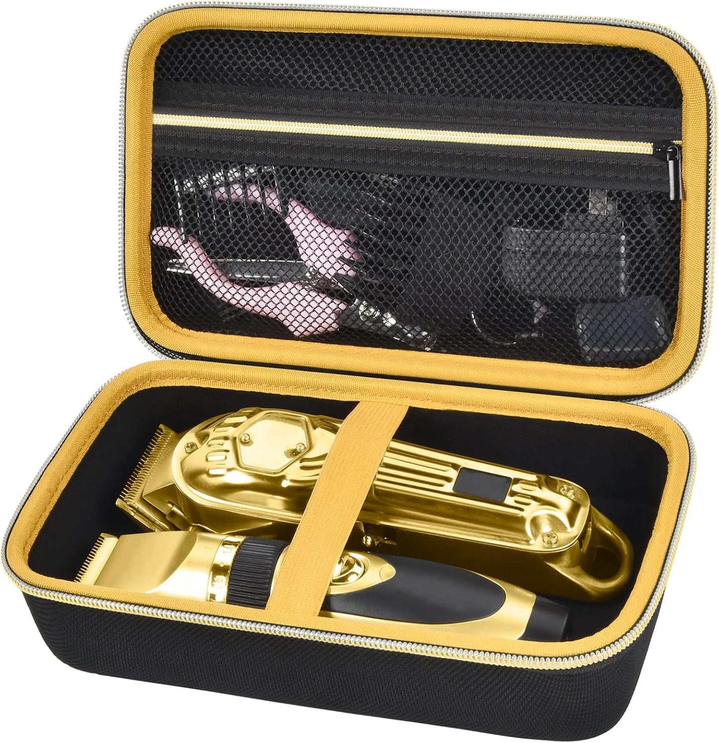 Case Compatible with Hair Clipper Barber, Trimmer Travel Storage Organizer for T Finisher Liner, Comb Cutting Guide, Clipper Blade Oil, Cleaning Brush and Other Grooming Kit - Black Case+Gold Zipper