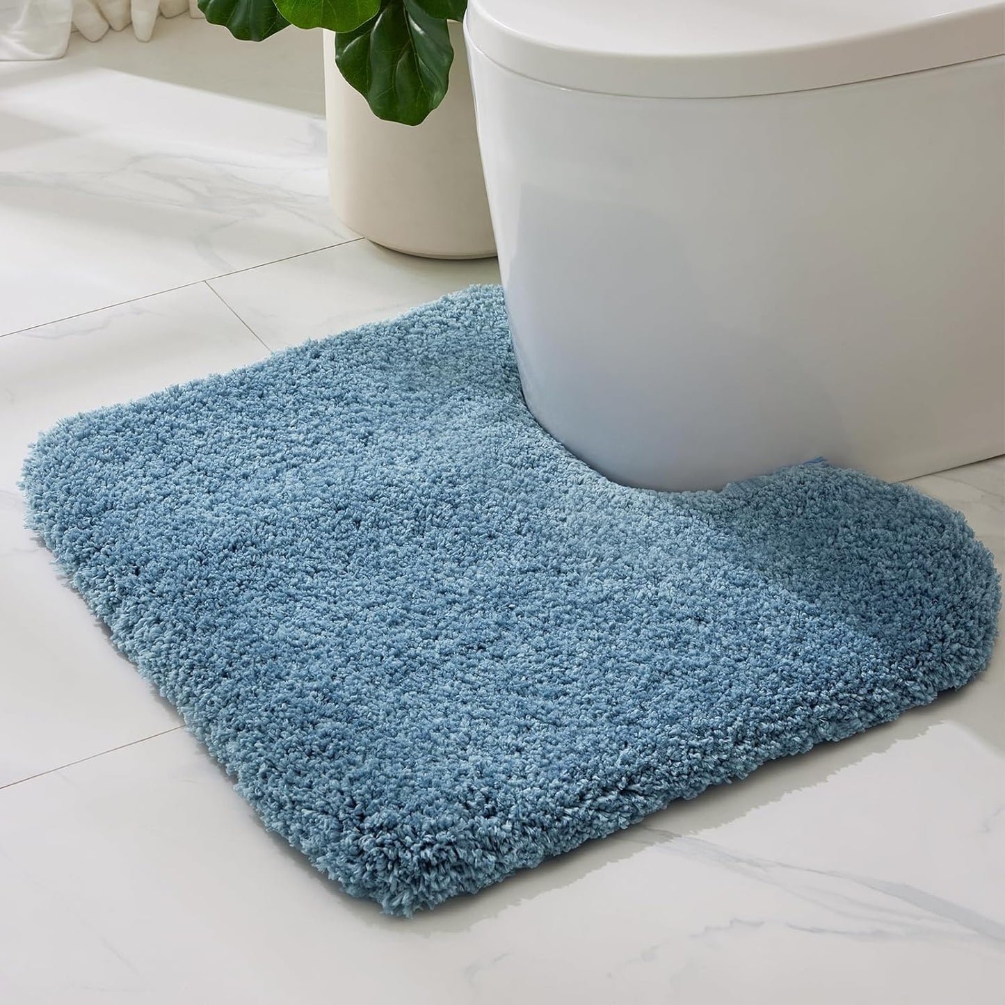 ILANGO Blue Toilet Rugs U Shaped 22" × 24" Non Slip & Super Absorbent Extra Thick Soft, Washable Bath Mats for Bathroom Floor, Microfiber Plush Shaggy Contour Bath Rugs for Toilet,Dry Quick