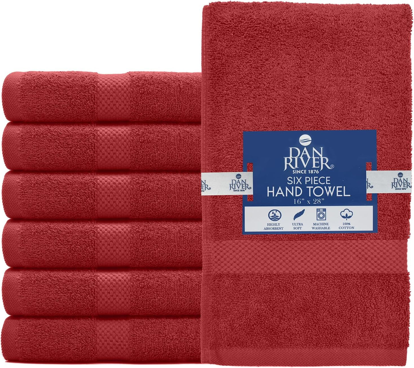 DAN RIVER 6-Pack Premium Hand Towels (16x28 Inches) - 100% Cotton, Ultra Soft, Lightweight, Highly Absorbent Towels for Bathroom, Spa, Gym, Salon, Hotel, and Travel - 550 GSM – Red