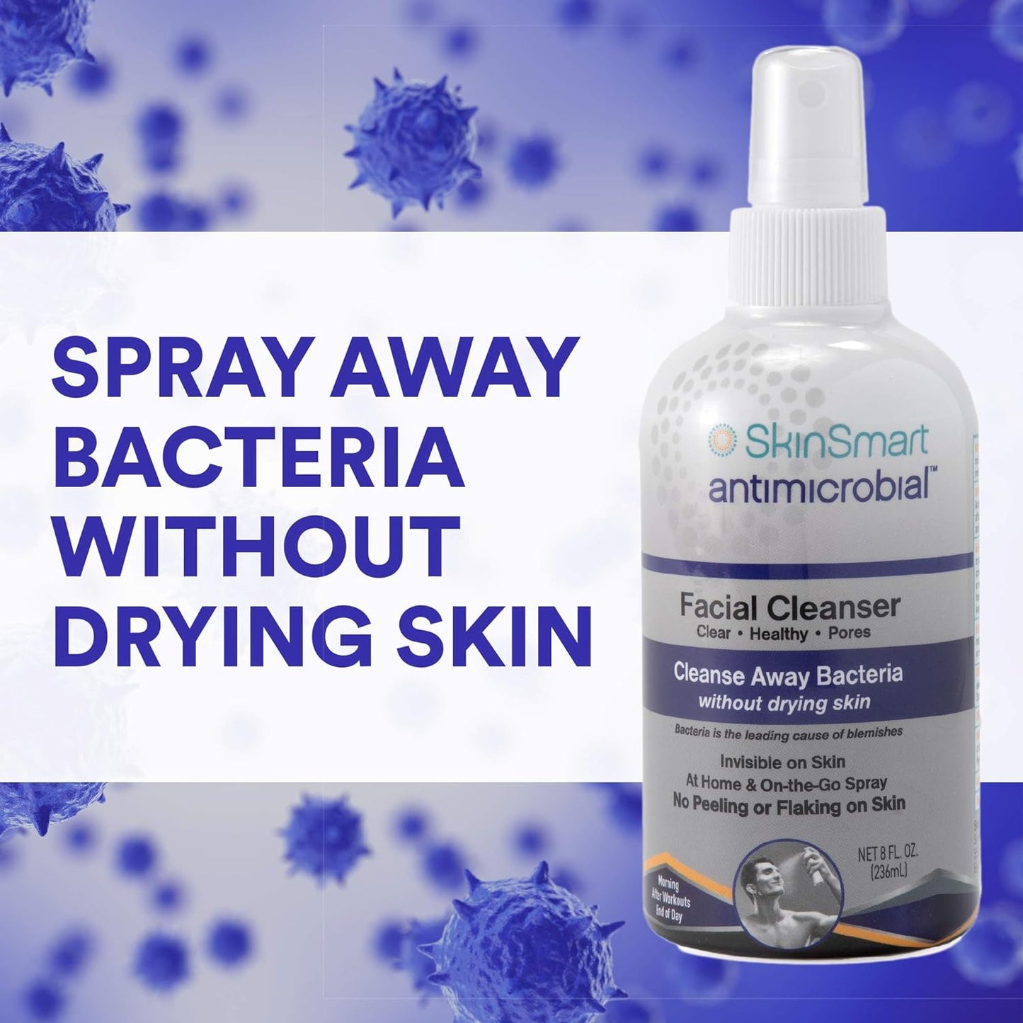 SkinSmart Facial Cleanser for Breakouts, Targets Bacteria for Post-Workout Pimples, Blemishes and Sweat Irritation; 8 oz Spray, Safe for All Ages: Adults and Teens