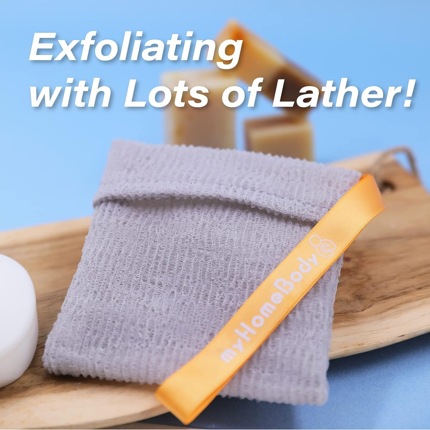 myHomeBody Soap Pocket Squares Exfoliating Pouch, Body Scrubber, Exfoliator Sponge for Bath or Shower, or Leftover Bits Saver, White Smoke, 3 Pack + 2 Lift Pads