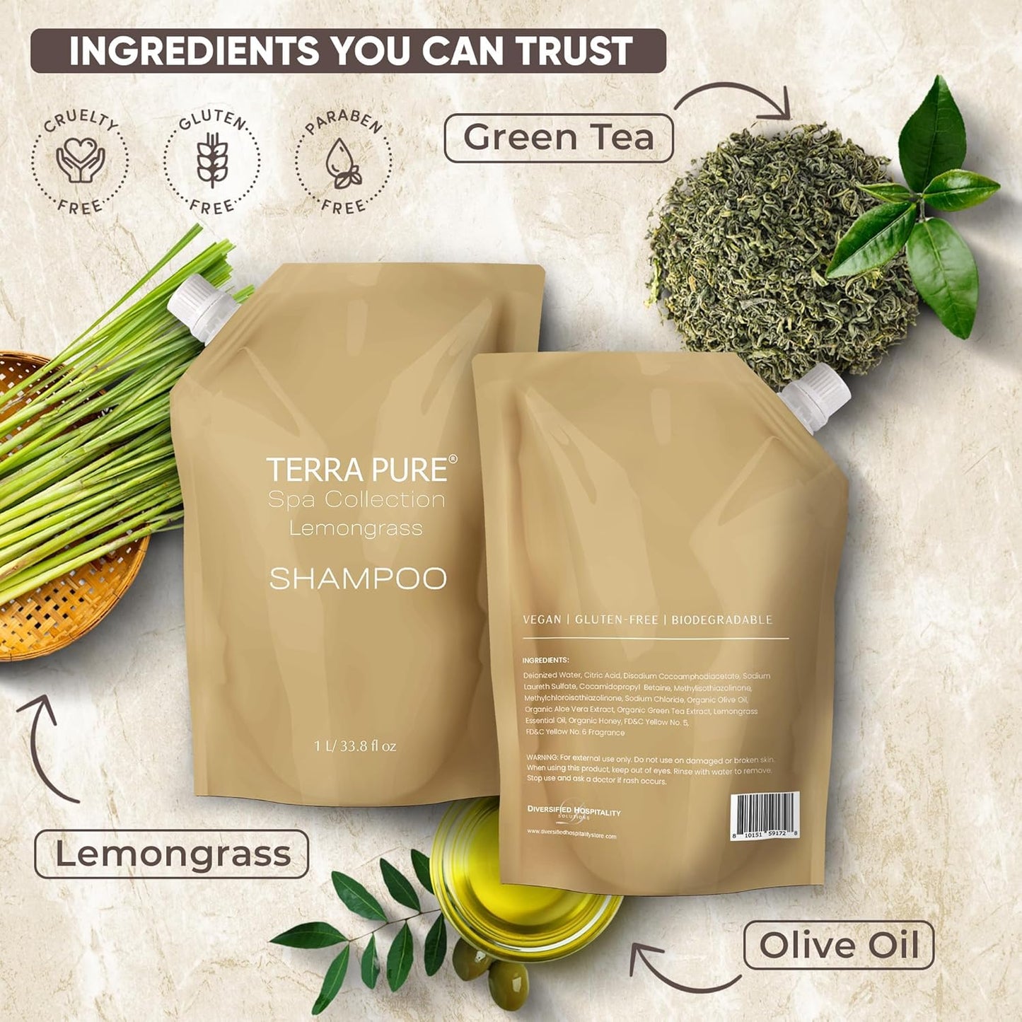 Terra Pure Spa Collection 1 Liter Shampoo Refill Bag For Soap Dispensers | Bulk Toiletries for Vacation Rentals, and Home Bathroom Showers | Green Tea Lemongrass | Single