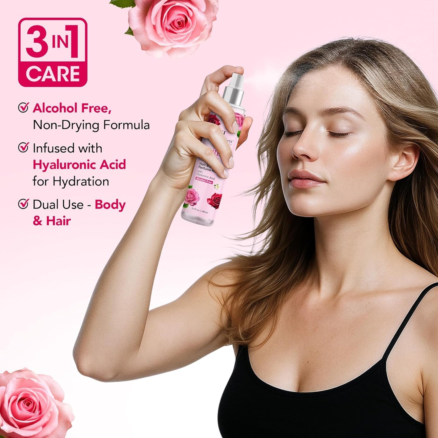 Botanic Hearth British Rose Hair & Body Perfume Mist with Hyaluronic Acid, Alcohol-Free, Refreshing & Hydrating Body Spray, Long Lasting Floral Fragrance, 100 ml / 3.4 fl oz