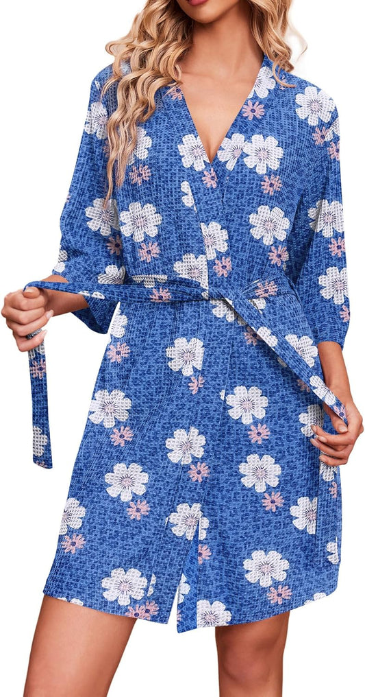 Ekouaer Robes for Women Waffle Knit Bathrobe Soft Lightweight Knee Length Loungewear S-XXL